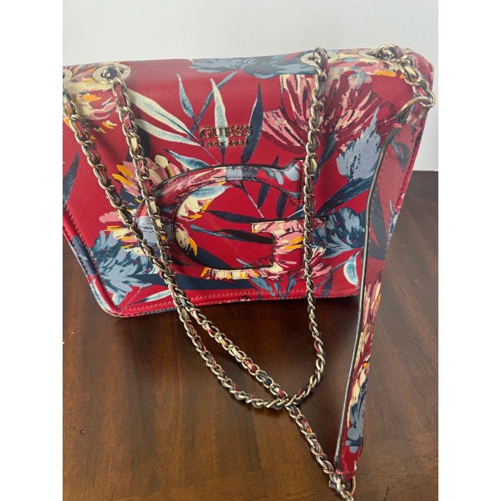 GUESS Floral Crossbody Bag Red Multicolor Chain Strap Purse
